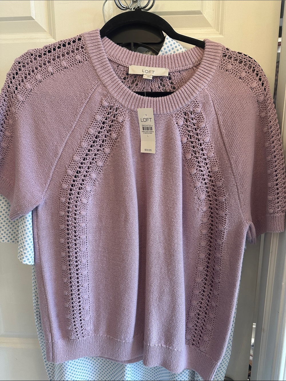 LOFT Lilac Openwork Knit Short-Sleeve Sweater